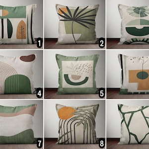 Abstrakcyjna, zielona, minimalistyczna poszewka na poduszkę, poszewka na poduszkę z motywem liści boho, poszewka na poduszkę w odcieniach ziemi w stylu mid-century modern, współczesny wystrój