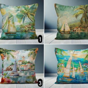 Vintage Sailing Pillow Case, Coastal Nautical Seaside Scene Pillow Cover, Mediterranean Maritime Beach House Cushion Cover, 18x18, 20x20