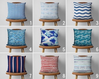Sea Waves Pattern Pillow Cover, Blue Marine Wave Design Cushion Cover, Nautical Pillow Cover, Ocean House Decor, Coastal Beach House Decor