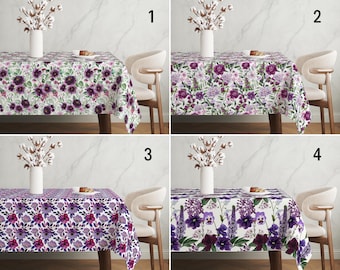 Nappe florale violette, nappe botanique romantique aquarelle, nappe fleurs épanouies printemps-été, décoration de salle à manger chic et élégante