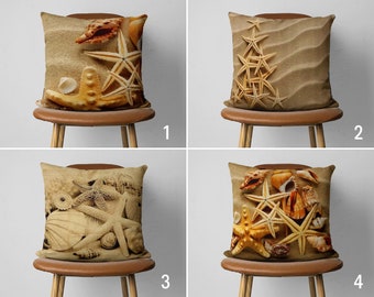 Housse de coussin marine, housse de coussin étoiles de mer et coquillages, taie d'oreiller maison de plage côtière, décoration maison océan, housse de coussin uniquement