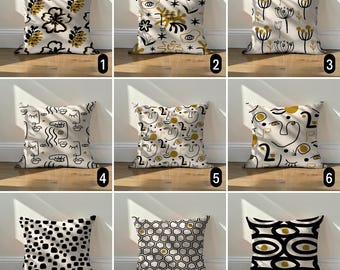 Abstract Line Art Face Pillow Case, Minimalist Black Yellow Portrait Cushion Cover, Custom Size