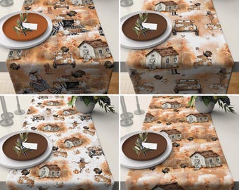 May include: Four table runners with a Thanksgiving theme. The runners feature a watercolor-style design with houses, pumpkins, turkeys, and fall leaves on a beige background.