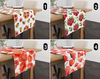 Caminho de mesa com flores de papoula, caminho de cozinha elegante com flores, toalha de mesa com abelhas e papoulas vermelhas, decoração de sala de jantar, decoração romântica chique e surrada para casa
