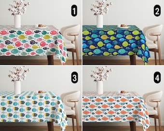 Colorful Modern Fish Design Tablecloth, Abstract Marine Coastal Cute Fish Tablecloth, Nautical Ocean Life Tablecloth, Beach House Decor