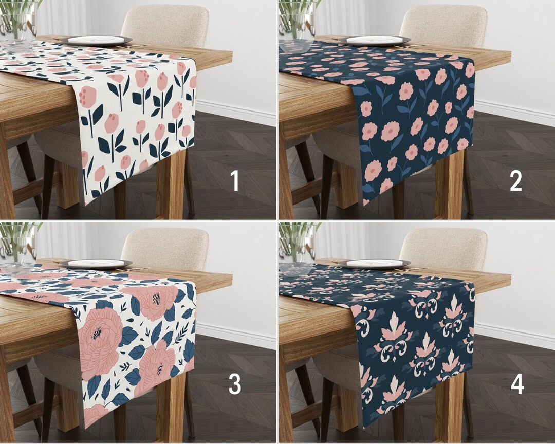 Navy Blue & Pink Flowers Table Runner, Floral Kitchen Runner