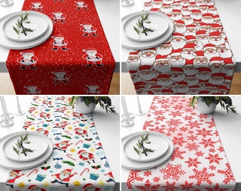 Santa Claus Table Runner, Red Christmas Runner, Snowflake Kitchen Textile, Table Linens, Xmas Present, Dining Room Table Runner