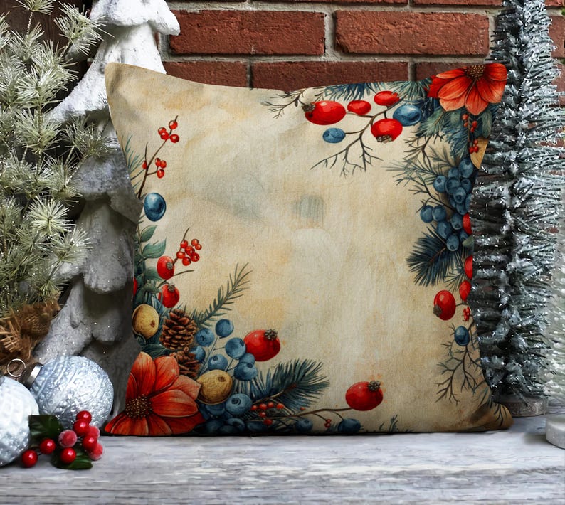 Vintage Floral Holiday Pillow Cover, Red Green Beige Christmas Pine ...