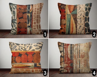 Abstract Vintage Design Pillow Cover, Boho Brown Rust Beige Cushion Cover, Retro & Rustic Pillow Case, Bohemian Farmhouse Decor, 18x18 20x20