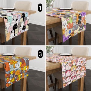 Cute Cats Table Runner, Playful Kitten Portraits Table Runner, Colorful Modern Cartoon Animal Design Table Runner, Any Size, Cat Mom Gift