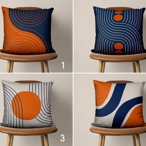 Mid Century Modern Pillow Cover, Orange & Navy Blue Rainbow Pillow Case, Abstract Circle Cushion Cover, Living Room Decor, Euro Pillow Sham