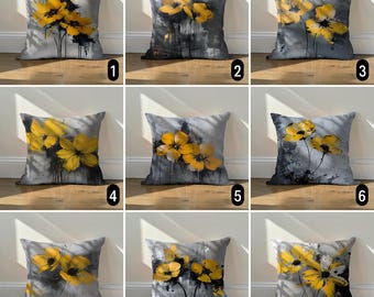 Yellow Flower Pillow Case, Grey Splash Art Cushion Cover, Contemporary Industrial Decor