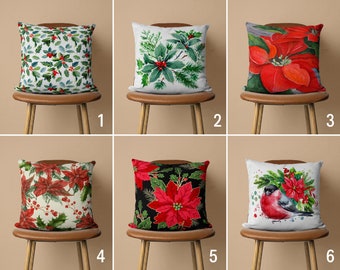 Christmas Flower Throw Pillow Cover, Red Floral Cushion Cover, Bohemian Pillow Case, Custom Pillow Cover, Cover Only, 20x20 18x18 16x16