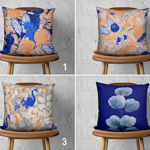 Copertura per cuscino arancione pallido e blu navy, federa per cuscino con foglie astratte, copertura per cuscino floreale, arredamento per la camera da letto della fattoria, solo copertina, 18x18 20x20