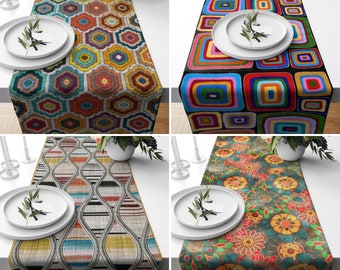 Abstract Table Runner, Colorful Geometric Runner, Multicolored Farmhouse Tablecloth, Mid Century Decor, Any Size Runner, Unique Home Decor