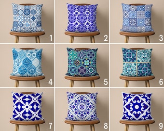 Blue Tile Design Pillow Cover, Spanish Tile Cushion Cover, Portuguese Pattern Pillow Case, Any Size Pillow, Moroccan Style Ceramics Decor