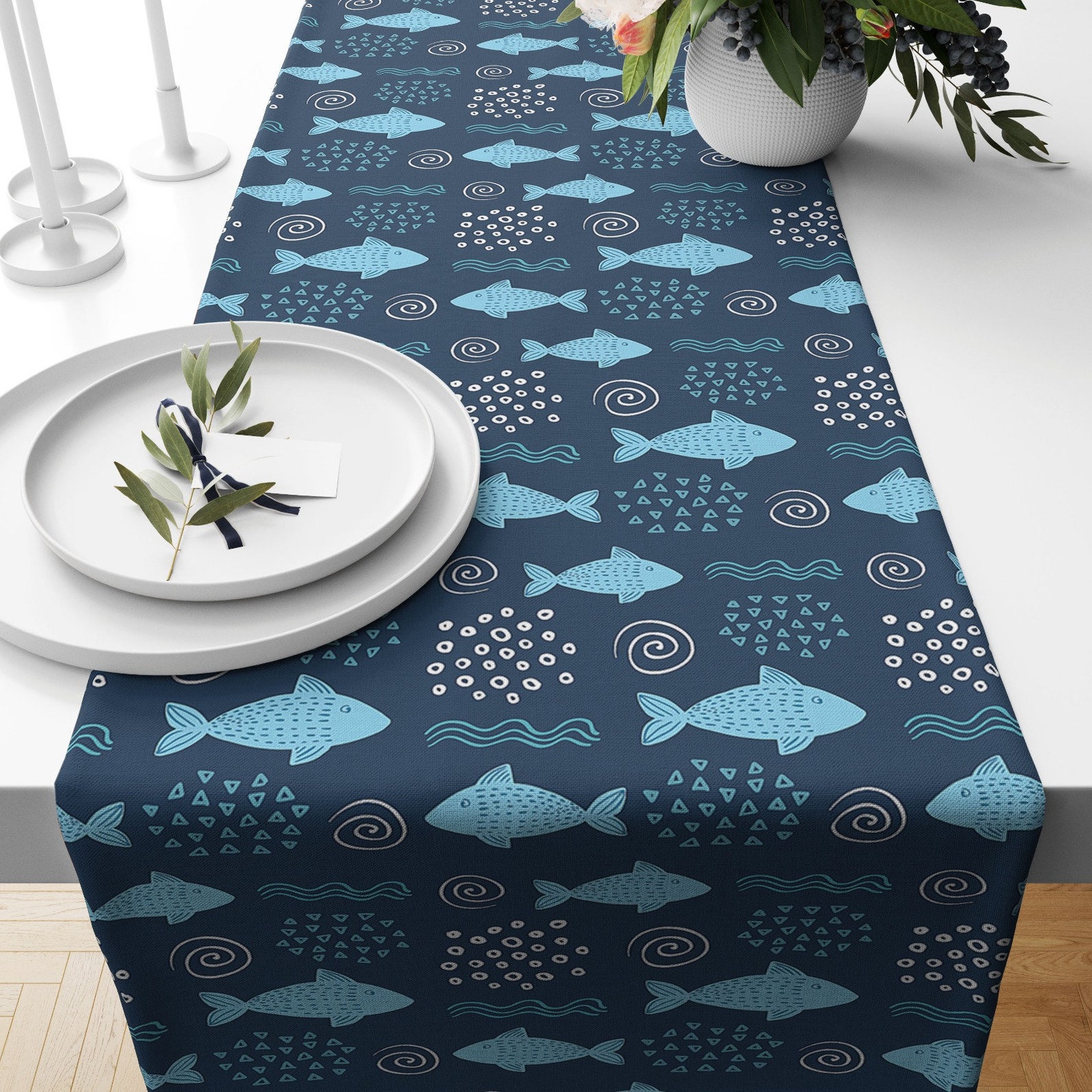 Blue Coastal Table Runner, Fish & Seahorse Runner, Nautical Tablecloth ...