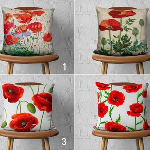 Poppies Pillow Case, Red Floral Cushion Cover, Poppy Flower Pillow Cover, Any Size Pillow, Floral Home Decor, Cover Only, 20x20 18x18 16x16