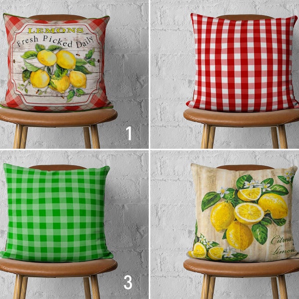 Lemons Checkered Pillow Case, Red & Green Citrus Cushion Cover, Lemonade Throw Pillow Cover, Farmhouse Decor, Any Size Pillow, 14x14