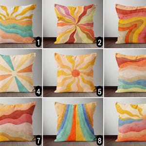 Abstract Sun Beam Pillow Cover, Boho Wavy Lines & Sun Ray Pillow Case, Colorful Retro Mid Century Modern Cushion Cover, Euro Sham Cover