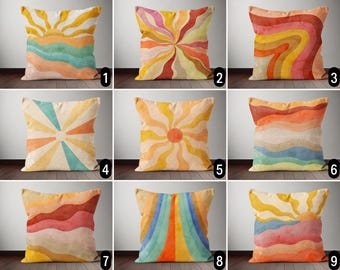 Abstract Sun Beam Pillow Cover, Boho Wavy Lines & Sun Ray Pillow Case, Colorful Retro Mid Century Modern Cushion Cover, Euro Sham Cover