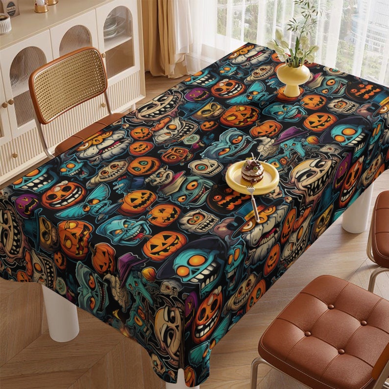 May include: A black tablecloth with a Halloween theme featuring colorful cartoon characters and pumpkins. The tablecloth is decorated with a variety of spooky faces and orange pumpkins.