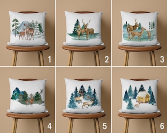 Deers Pillow Cover, Winter Cushion Cover, Pine Tree Pillow Case, Indoor & Outdoor Textile, Rustic House Decor, 18x18, 20x20, Handmade Pillow