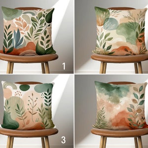 May include: Four brown chairs with cushions featuring different abstract floral patterns in shades of green, brown, and beige. The patterns are reminiscent of watercolour paintings.