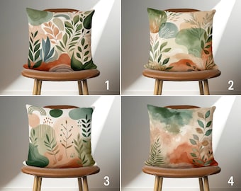 Boho Abstract Throw Pillow Case, Green & Terracotta Leaves Design Pillow Cover, Bohemian Handmade Cushion Cover, Any Size, 18x18 20x20 22x22
