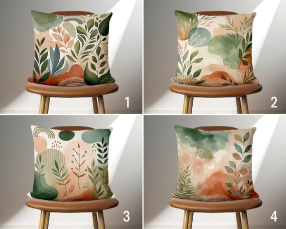 Boho Abstract Throw Pillow Case Green Terracotta Leaves Design Pillow Cover Bohemian Handmade Cushion Cover Any Size 18x18 20x20 22x22 Etsy