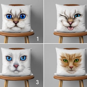 Cute Cat Portrait Pillow Cover, White Cat Illustration Pillow Case, Personalized Kitten Cushion Cover, Any Size Pillow, Only Cover