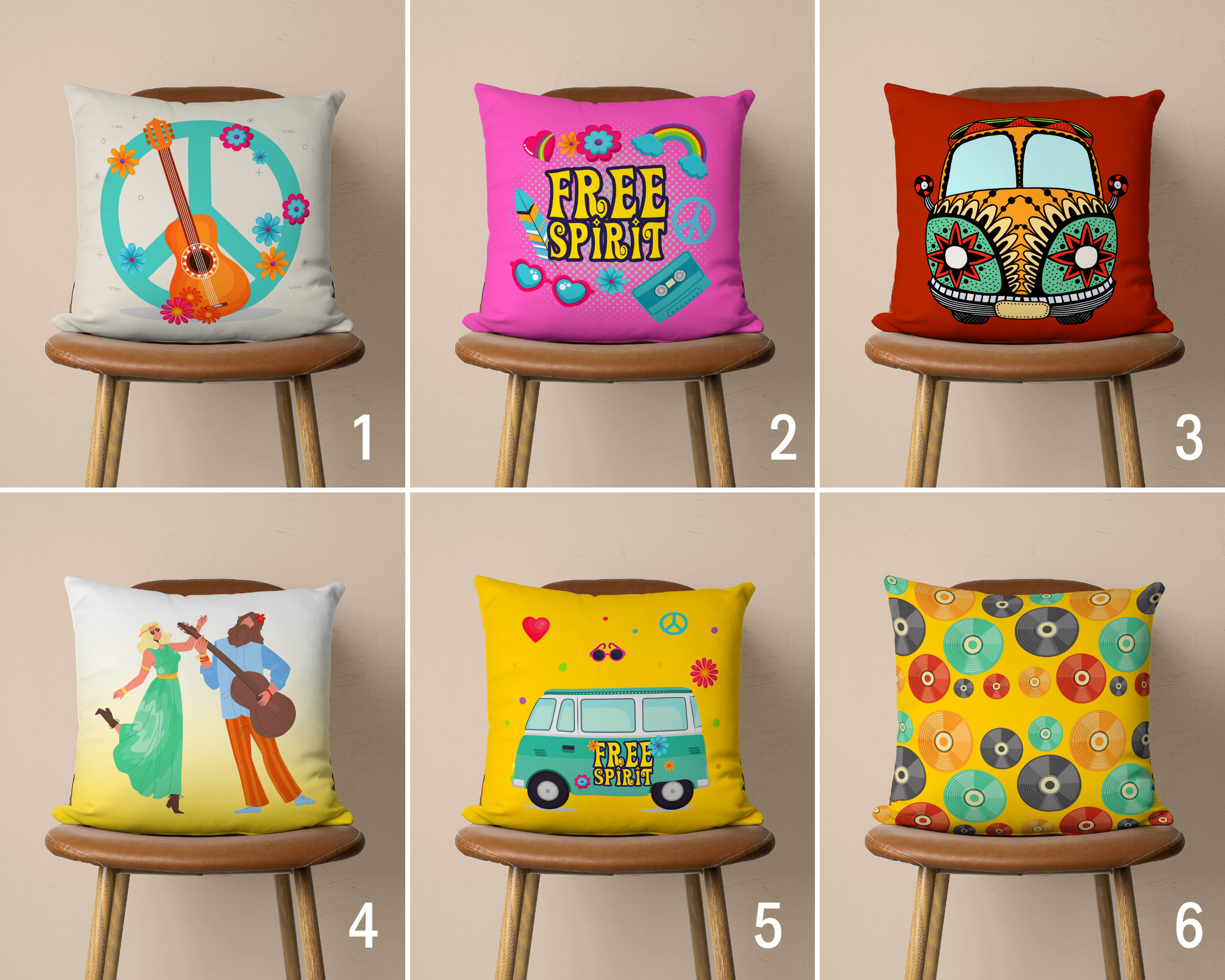Hippie Pillow Cover, Free Spirit Cushion Cover, Bohemian Pillow Case, Retro Van Decor, Couch Pillow Case, Outdoor Decor, Any Size Pillow