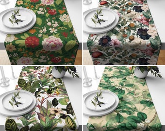 Chemin de table feuilles vertes et fleurs, chemin de table floral toutes tailles personnalisées, nappe bohème d'été et de printemps, décoration d'intérieur Design naturel