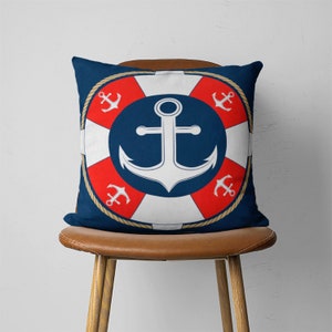 Navy Blue Nautical Pillow Cover, Anchor Cushion Cover, Marine Pillow Case, Custom Size Pillow, Coastal Home Decor, Personalized Pillow Cover 2
