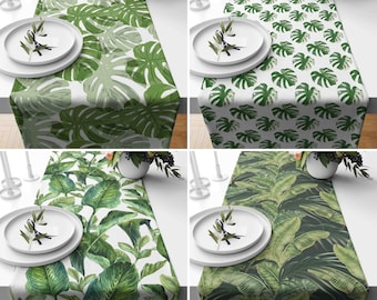 Botanical Leaves Table Runner, Green Giant Monstera Leaves Kitchen Runner, Leafed Pattern Tablecloth, Tropical Table Decor,Any Size Runner