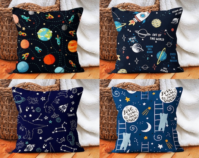 Kids Pillowcase, Space Themed Pillow Cover, Planets & Stars Cushion Cover, Nursery Decor, Playroom Decoration, Size Option Pillow, 18x18