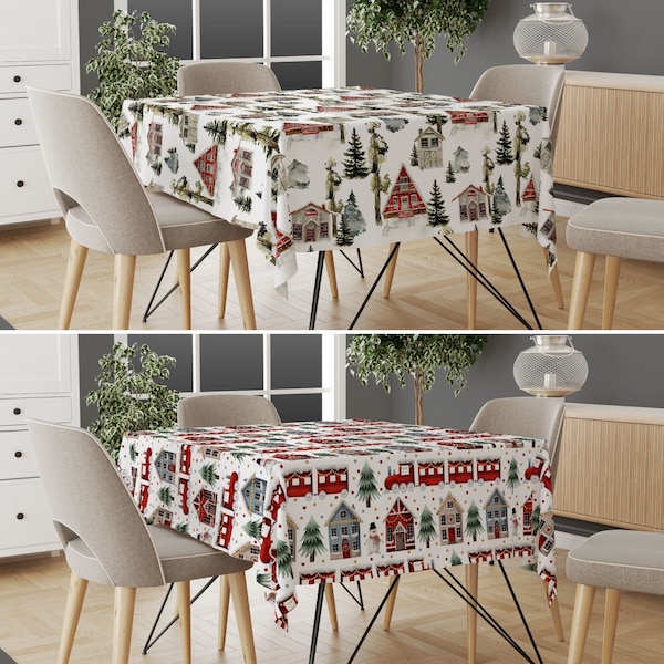 Winter Cabin Tablecloth, Locomotives & Houses Table Cover, Cozy Winter Tablecloth, Dinner Table Linens, Christmas Gift, Unique Home Decor