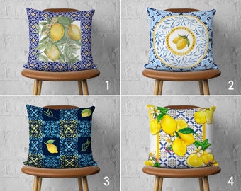 Lemons Citrus Pillow Cover, Blue & Yellow Cushion Cover, Tile Pattern Pillow Case, Custom Size Pillows, Pillow Cover Only, 20x20 18x81 16x16
