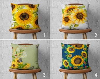 Sunflower Pillow Case, Yellow White Blue Cushion Cover, Floral Throw Pillow Cover, Euro Pillow Sham, Cover Only, Handmade Pillow, 18x18