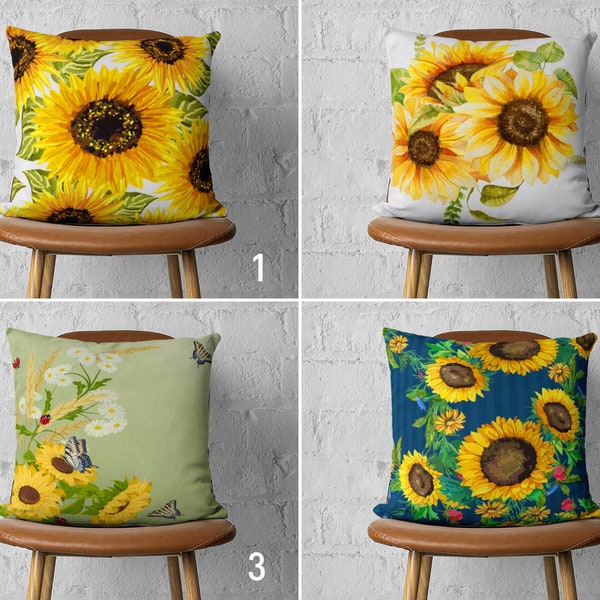 Sunflower Pillow Case, Yellow White Blue Cushion Cover, Floral Throw Pillow Cover, Euro Pillow Sham, Cover Only, Handmade Pillow, 18x18