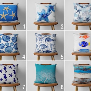 Blue Coastal Pillow Case, Marine Pillow Cover, Nautical Starfish Cushion Cover, Beach House Decor, Size Option Pillow, 16x16, 18x18, 20x20