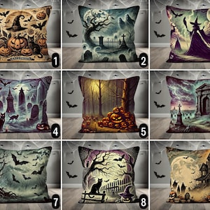 Mystical Spooky Halloween Pillow Cover, Haunted House Bats Pumpkins Cats Cushion Cover, Creepy Night Pillow Case, Trick or Treat, Fall Decor