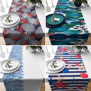 Nautical Tablecloth, Starfish & Coral Table Runner, Decorative Marine Tablecloth, Aqua Table Decor, Any Size Runners, Long Table Runner