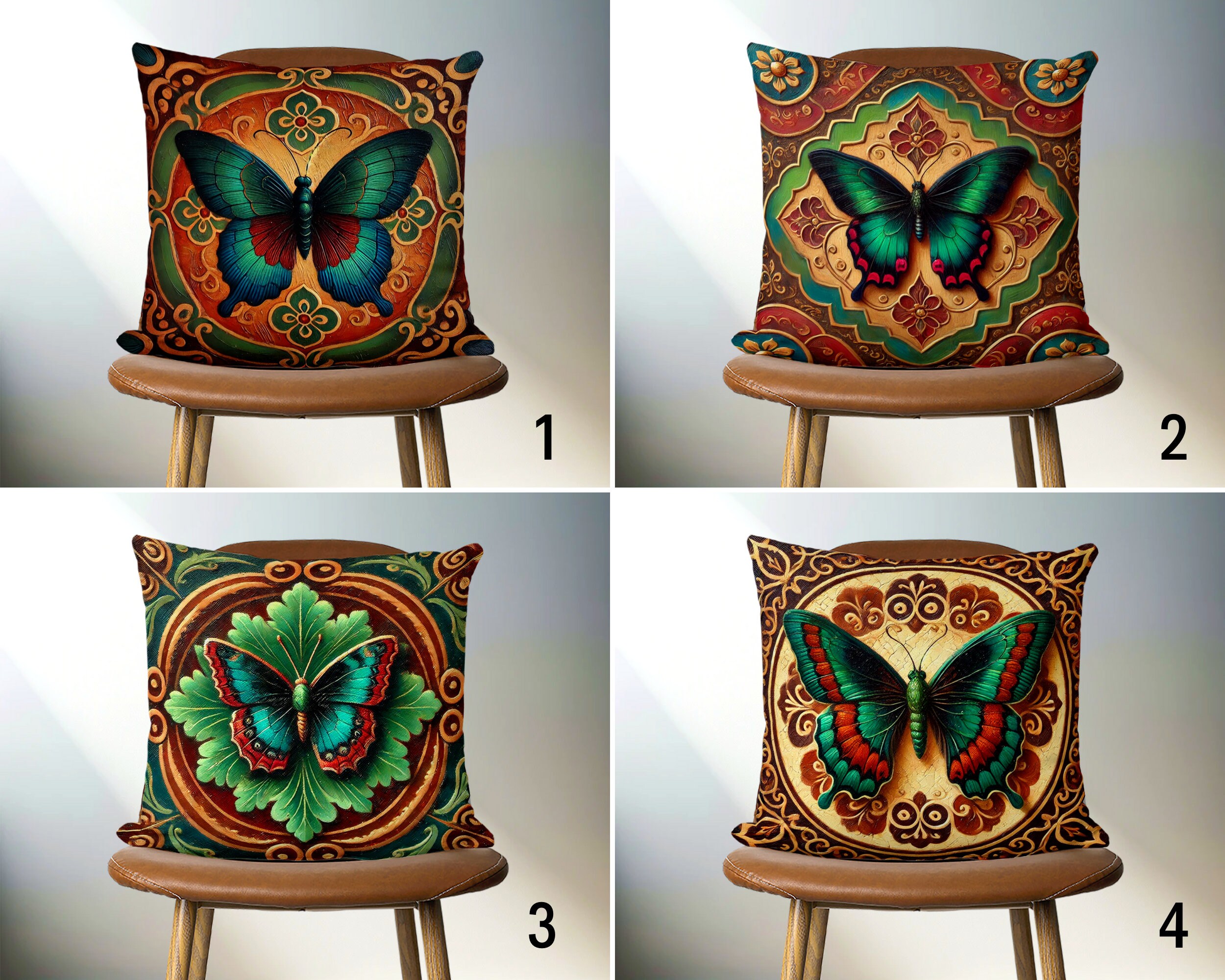 Butterfly Design Throw Pillow Cover, Traditional Ornaments Painting Cushion Cover, Living Room Decor, Any Size Pillow Case, Boho Home Decor