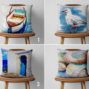 Blue Marine Pillow Cover, Seagull & Boat Pillow Case, Coastal Summer Cushion Covers, Watercolor Decorative Pillow, Ocean House Decor, 18x18