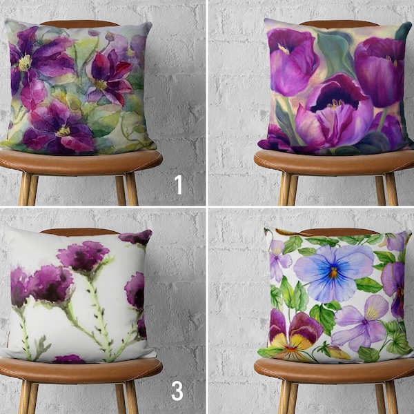 Purple Floral Pillow Cover, Violet Flower Pillow Case, Bedroom & Patio Cushion Cover, Living Room Decor, Any Size Pillow, Handmade Pillow