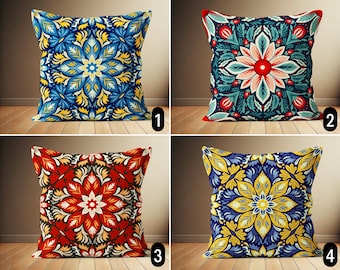 Mandala Design Pillow Case, Abstract Blue Red Yellow Pillow Case, Vivid Ethnic Geometric Cushion Cover, Boho Home Decor, Euro Sham Cover