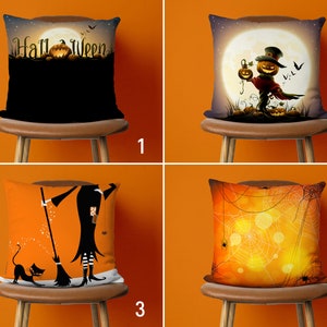 May include: Four different Halloween themed pillow covers. The first pillow cover is black with the text "Hall o' Ween" and orange pumpkins. The second pillow cover is beige with a cartoon scarecrow holding a pumpkin and bats flying in the night sky. The third pillow cover is orange with a black silhouette of a witch and a black cat. The fourth pillow cover is orange with a spider web design.