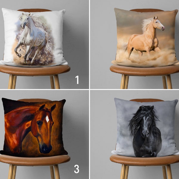 Wild Horse Pillow Cover, White Brown Black Horse Cushion Cover, Animal Pillow Case, Farmhouse Decor, Any Size Handmade Pillow, Only Cover