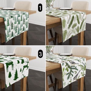Green Winter Holiday Table Runner, Floral Christmas Trees Birds & Deers Table Runner, Evergreen Pine Forest Table Decor, Christmas Decors